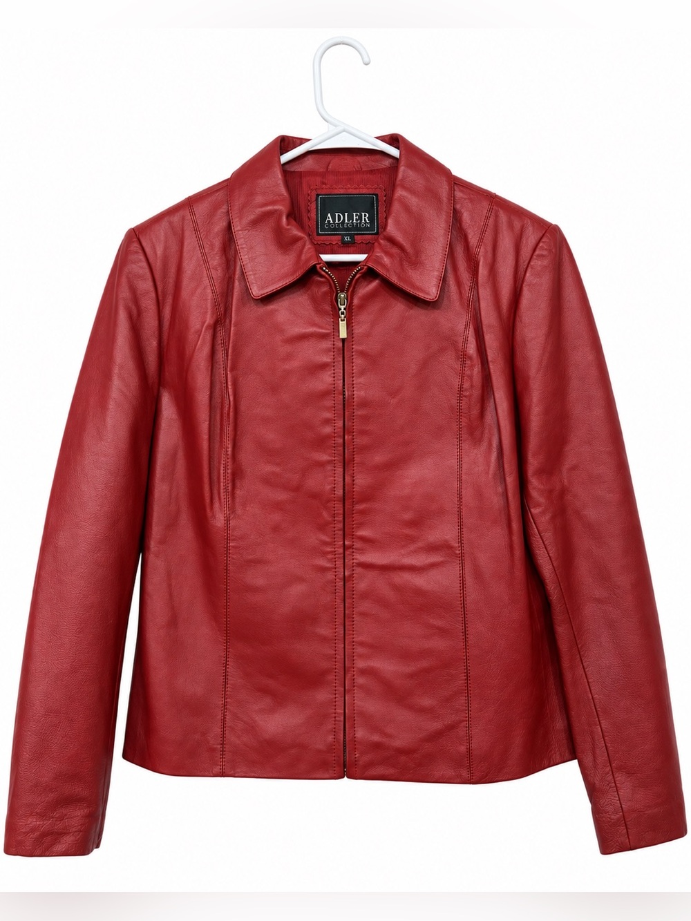 ADLER Collection Real Leather Jacket Size XL Red Zip Front Collared Moto
